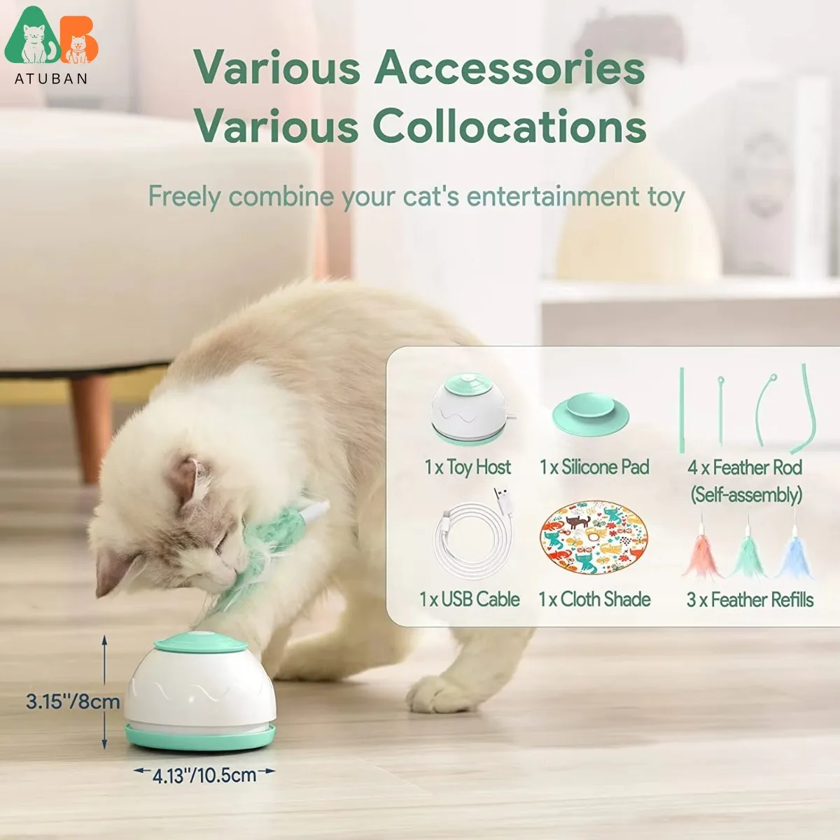 ATUBAN-juguetes para gatos de movimiento automático, varita de juguete motorizada interactiva de 4 modos, 3 plumas, ejercicio electrónico, juguete para mascotas para gatos de interior - imagen 4