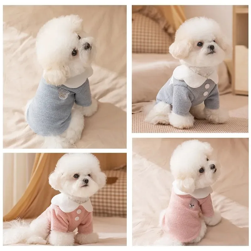 Ropa de invierno para mascotas, camisa con botones bonitos, ropa cálida de dos patas para chaleco para perros pequeños, ropa bordada con oso de dibujos animados para perros - imagen 5