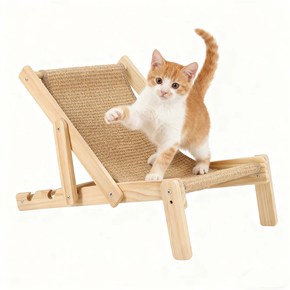 Sillón plegable para gatos con zona para rascar de Sisal, sillón reclinable de madera para mascotas para gatos, para relajación interior y tomar el sol al aire libre