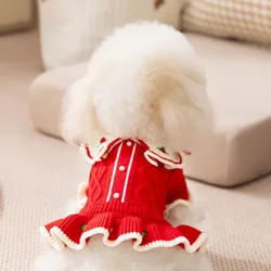 Ropa navideña de invierno para mascotas, falda, suéter cálido, jersey, suéter de princesa, ropa para perros, vestido de peluche de flores bordadas de punto