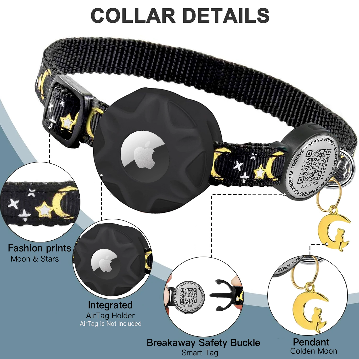Collares de gatito con adornos de luna con soporte de airtag de manzana, Collar de gato desmontable con etiqueta de nombre de código QR etiqueta de identificación de gato gatos personalizados - imagen 2