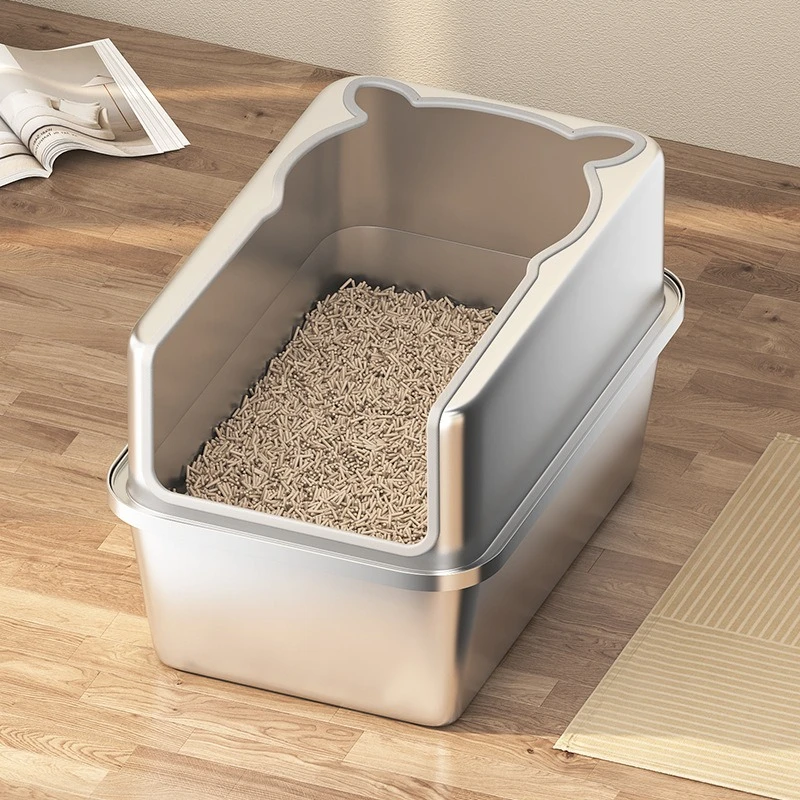Caja de arena para gatos de acero inoxidable, caja de arena grande para gatos, inodoro antisalpicaduras para gatos, caja de arena duradera de seguridad para gatitos, producto para mascotas - imagen 2