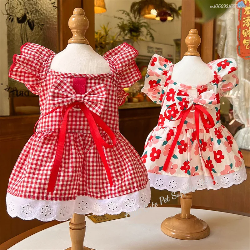 Vestido para perro, chaleco de lujo para mascotas, falda a cuadros de algodón para cachorro, disfraz para perro y niña, ropa para Chihuahua, ropa para perro Bichon con lazo