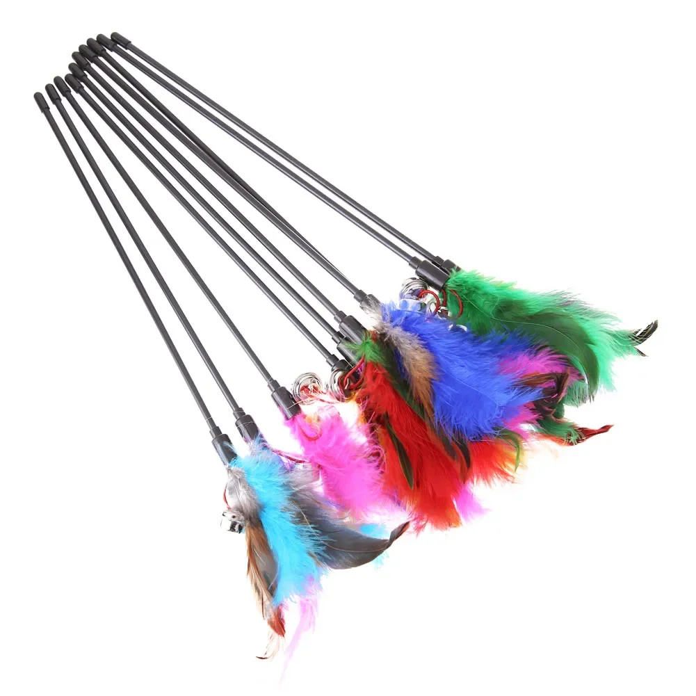 Varita de plumas de juguete para gato, Teaser interactivo de plumas de pavo, Varita de alambre, Juguetes Divertidos de colores aleatorios, lote de 5 unidades - imagen 3