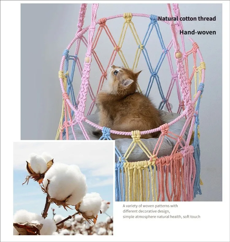 Hamaca macramé boho cama colgante con borlas juguete plumas para gatos - imagen 4
