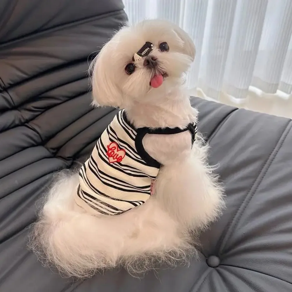 Ropa de verano para mascotas, camiseta sin mangas a rayas, protector solar bordado, ropa fina y transpirable para cachorros pequeños, chaleco refrescante para perros - imagen 3