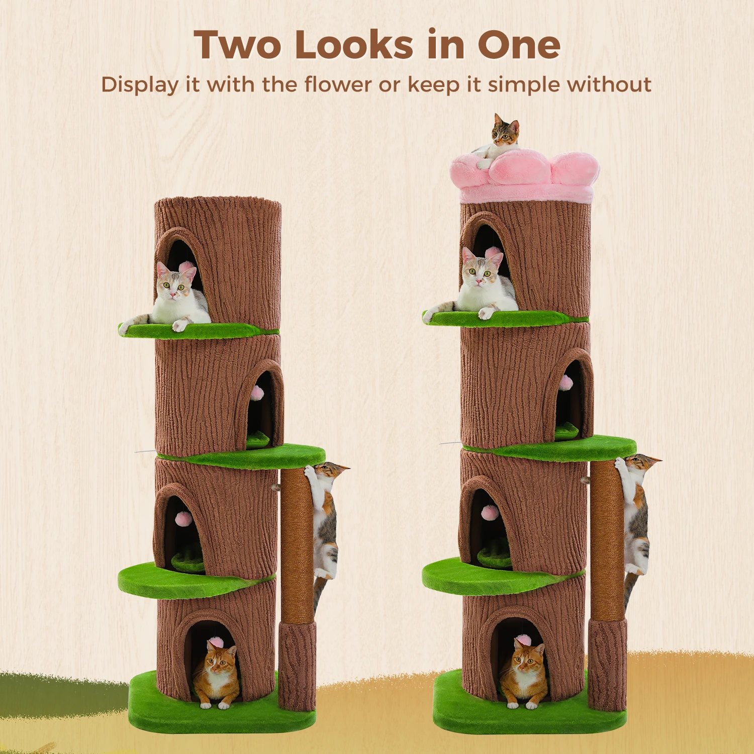 Árbol para gatos grande con casas, poste rascador y cama floral - imagen 4