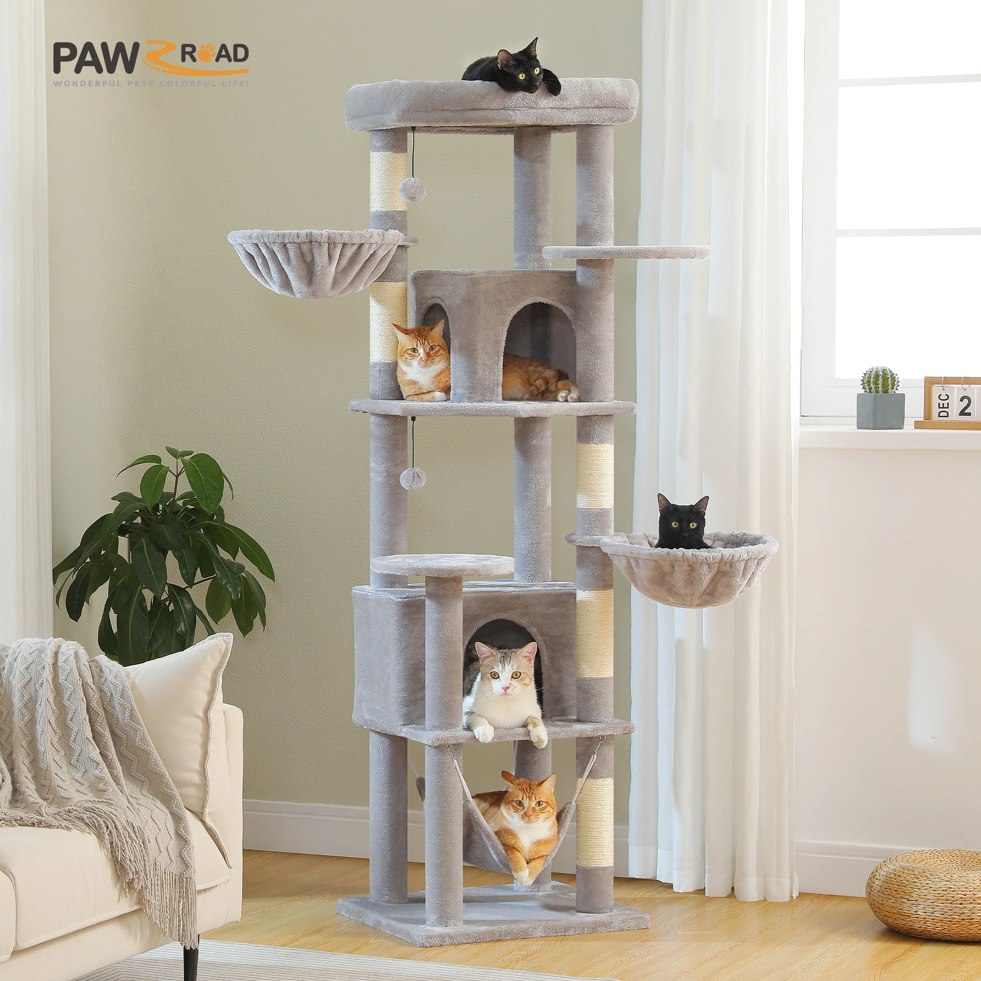 Árbol alto para gatos con postes rascadores, hamaca acogedora, percha superior, torre grande para gatos de varios niveles, condominio espacioso para gatos, juguetes de interior