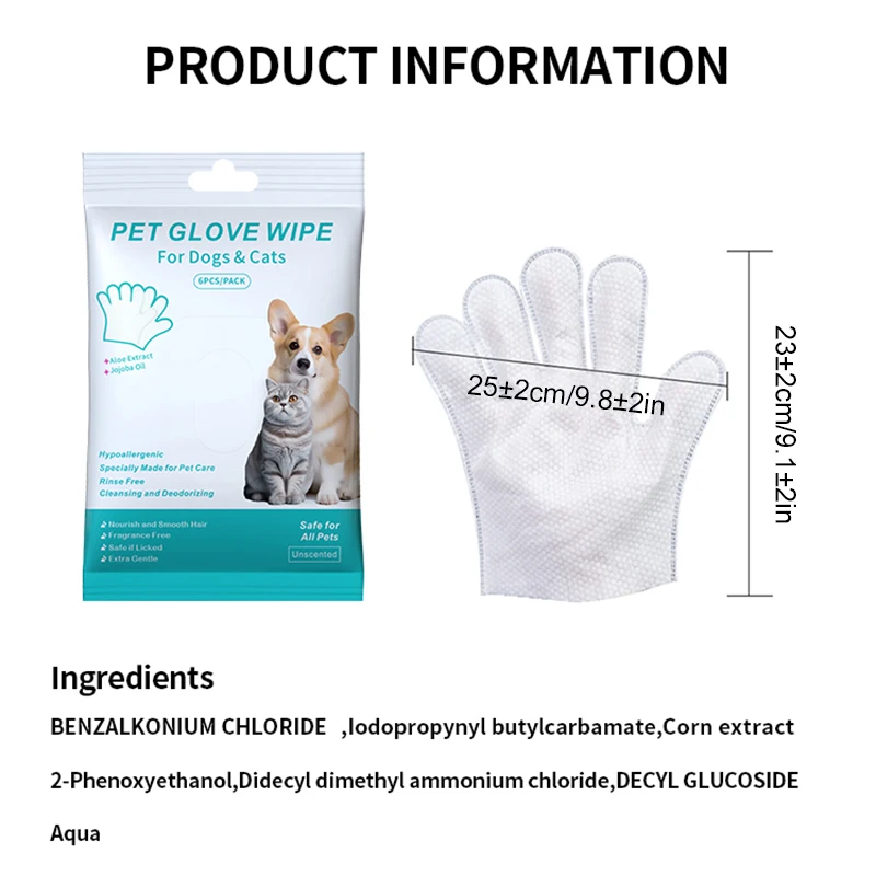Nuevo 6 uds guantes sin lavado para mascotas toallitas desodorantes para baño de gatos limpieza desechable limpieza en seco toallitas para perros guantes suaves y prácticos - imagen 4