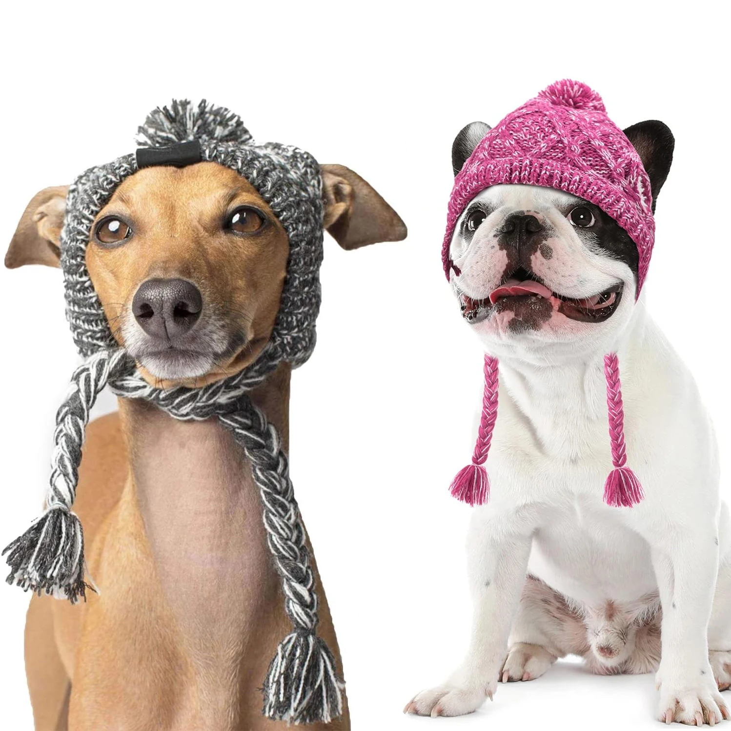 Gorro navideño para perros pequeños y medianos, gorro con pompón tejido cálido para invierno con Puffball, orificios para las orejas y accesorios para mascotas con borlas largas