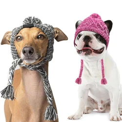 Gorro navideño para perros pequeños y medianos, gorro con pompón tejido cálido para invierno con Puffball, orificios para las orejas y accesorios para mascotas con borlas largas