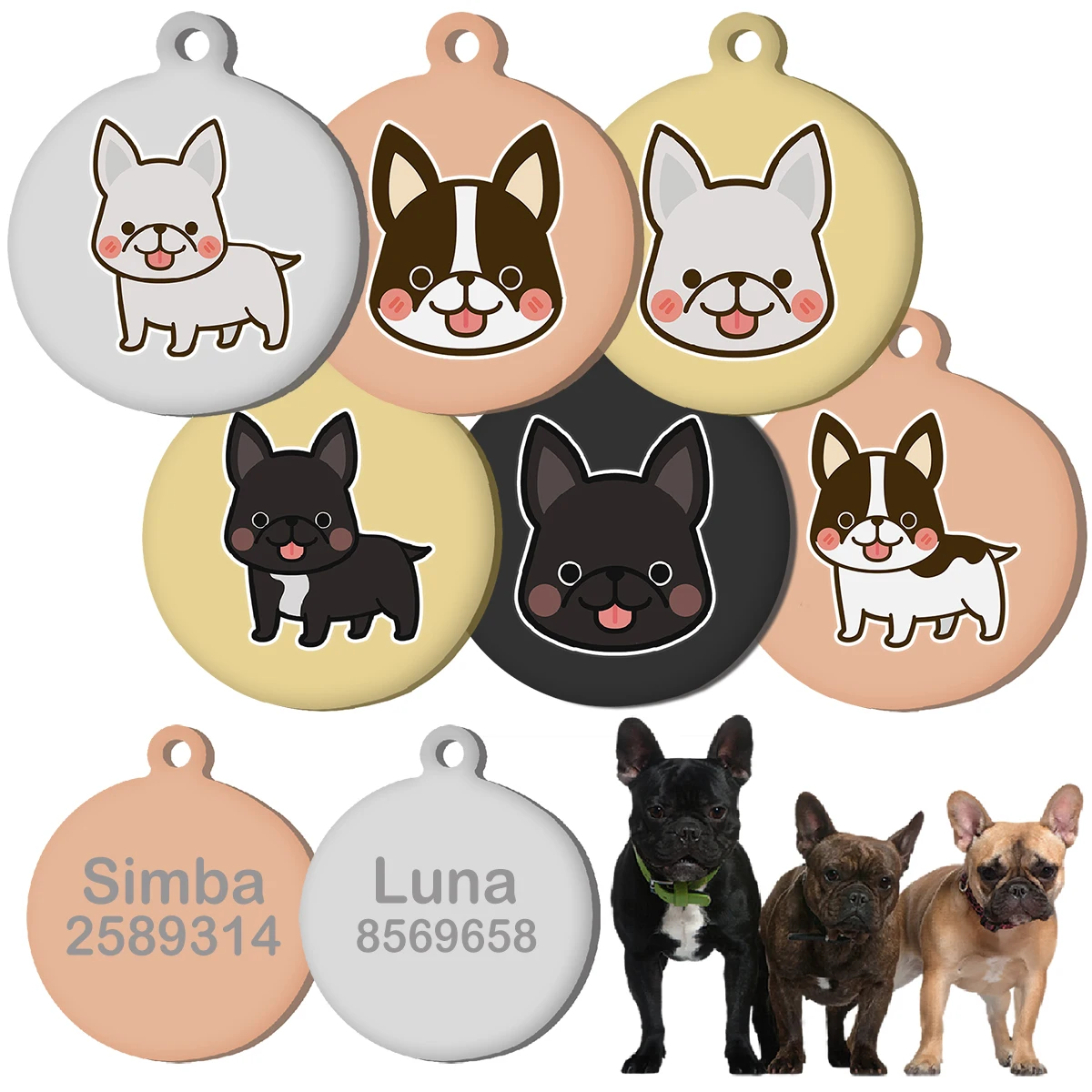 Collar con etiqueta de Bulldog Francés, nombre personalizado de acero inoxidable, etiqueta de identificación grabada para Collar de perro, placa con nombre antipérdida para mascotas, etiqueta personalizada