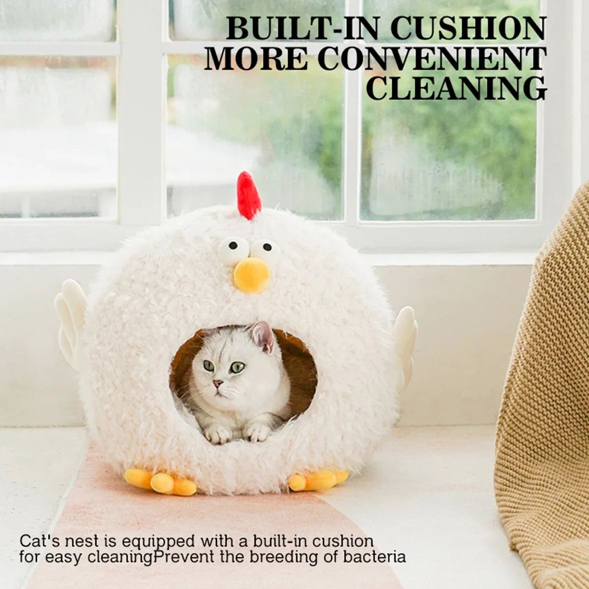 Cama para gatos totalmente cerrada, cálida, para invierno, suave, transpirable, lavable, casa para mascotas, diseño Universal de pollito para las cuatro estaciones, gato cómodo - imagen 3