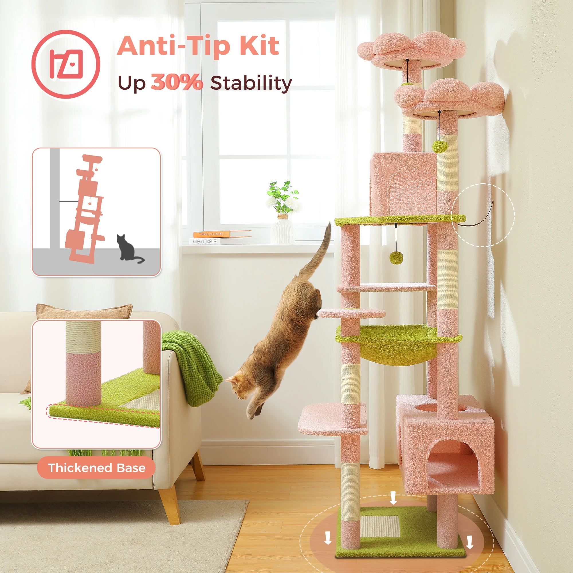 Torre grande de árbol para gatos de 184 cm para gatos de interior con postes para rascar cubiertos de sisal, hamaca espaciosa, perchas acolchadas y condominios, color rosa - imagen 5