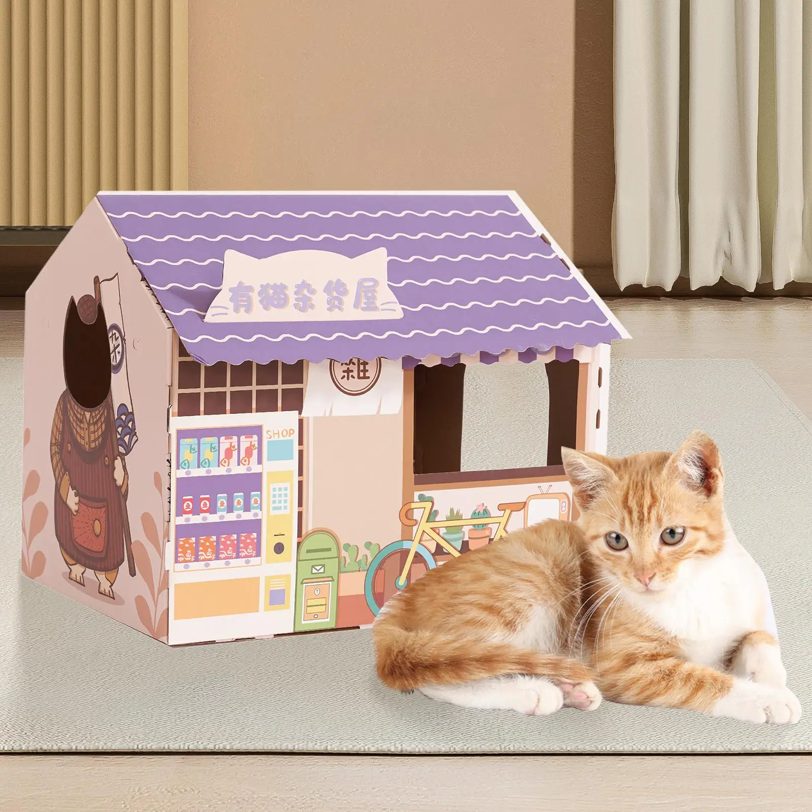 Corrugated Cardboard Cat House with Scratching Pad for Kittens