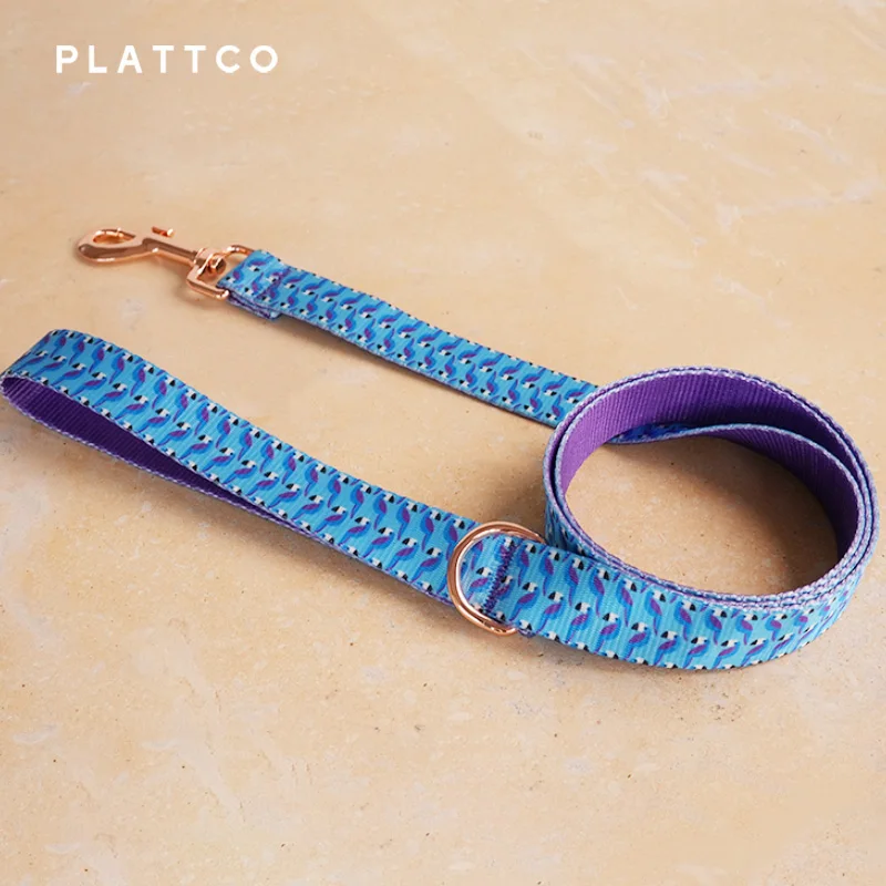 Arnés y correa para perro – Estampado tucán azul y hebilla oro rosa - imagen 3