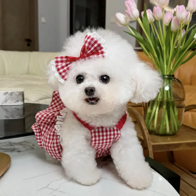 Vestido rojo a cuadros para perro Yorkshire – ropa de verano - imagen 4