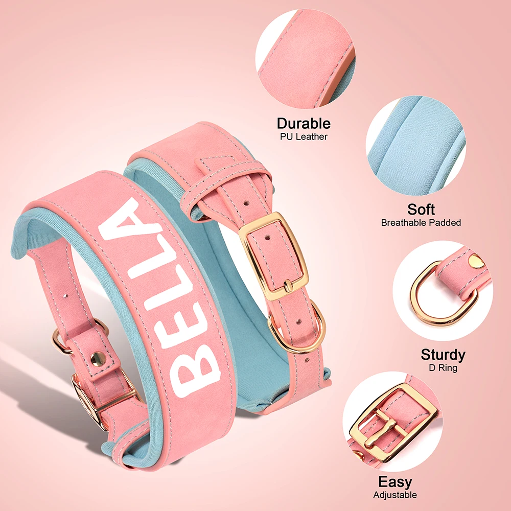 Collar de perro personalizado, collares anchos de cuero para perros, Collar acolchado suave para mascotas, número de nombre impreso gratis para perros medianos y grandes, Bulldog Francés - imagen 4