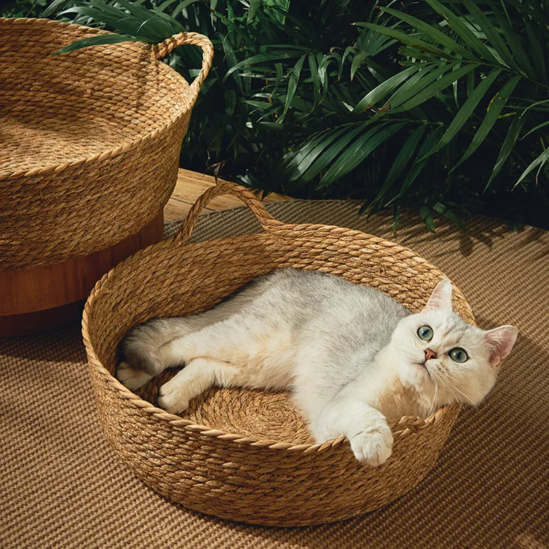 OUZEY-cesta tejida de mimbre para gatos, cómoda cama para perros y mascotas, casa para gatos de tejido fresco de verano, cama redonda para cachorros y gatitos - imagen 2