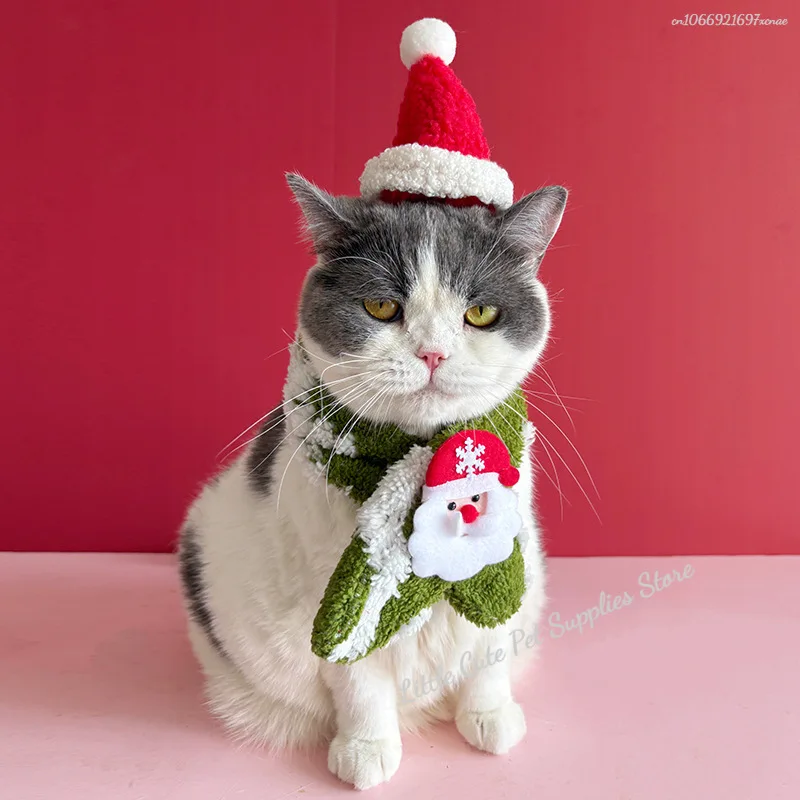 Collar navideño para gato, bufanda navideña roja para mascotas, bufanda cálida de lana verde, sombrero de Papá Noel para gato - imagen 4