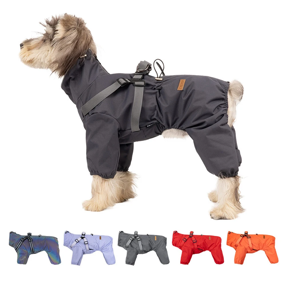Chubasquero para perros con arnés, chaqueta impermeable para la lluvia para mascotas para perros pequeños, monos de lluvia reflectantes ajustables para perros con 4 patas