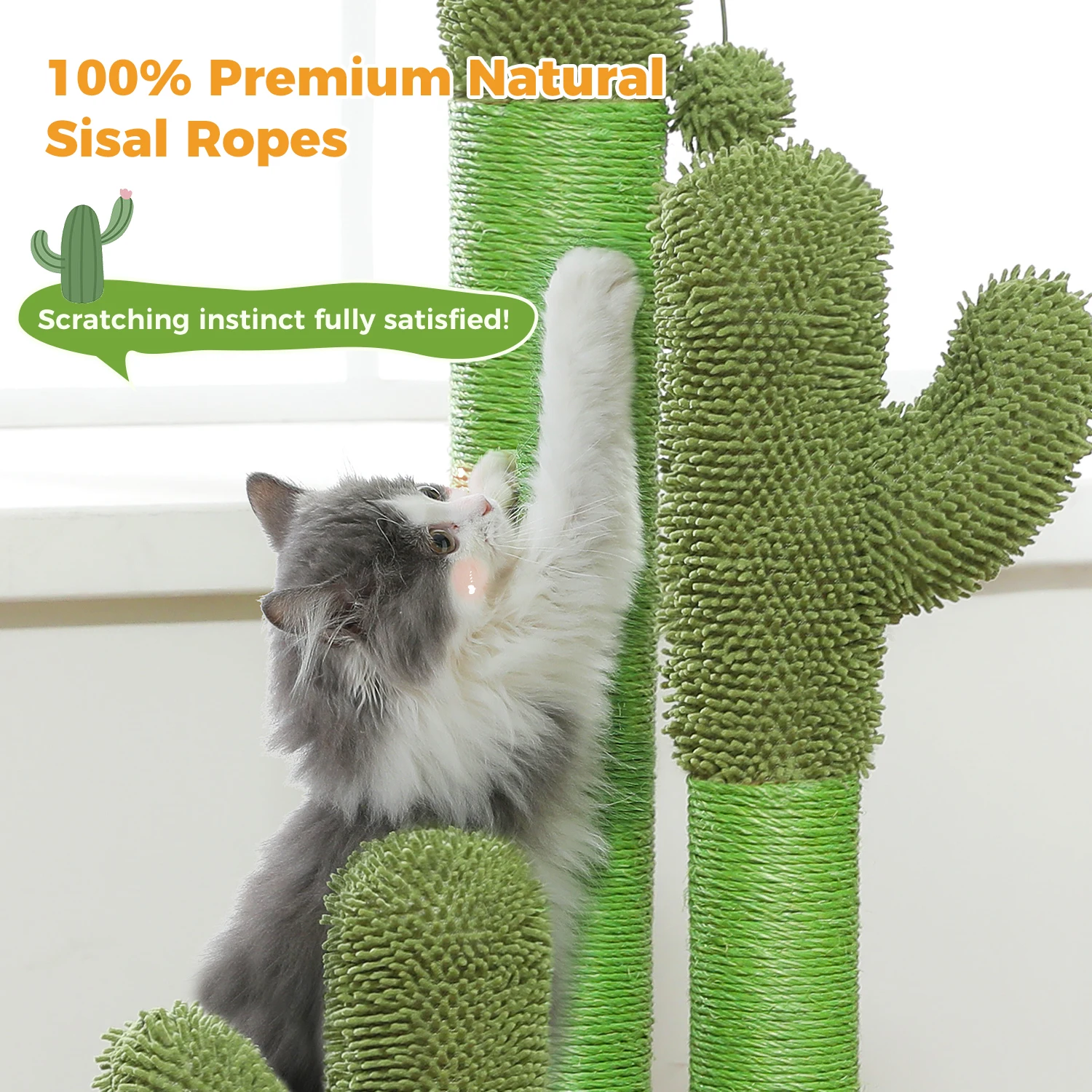 Poste rascador para gatos de Cactus con bola colgante interactiva y 3 postes rascadores naturales, rascador para gatos de Cactus, muebles para gatos, árbol para gatos - imagen 5