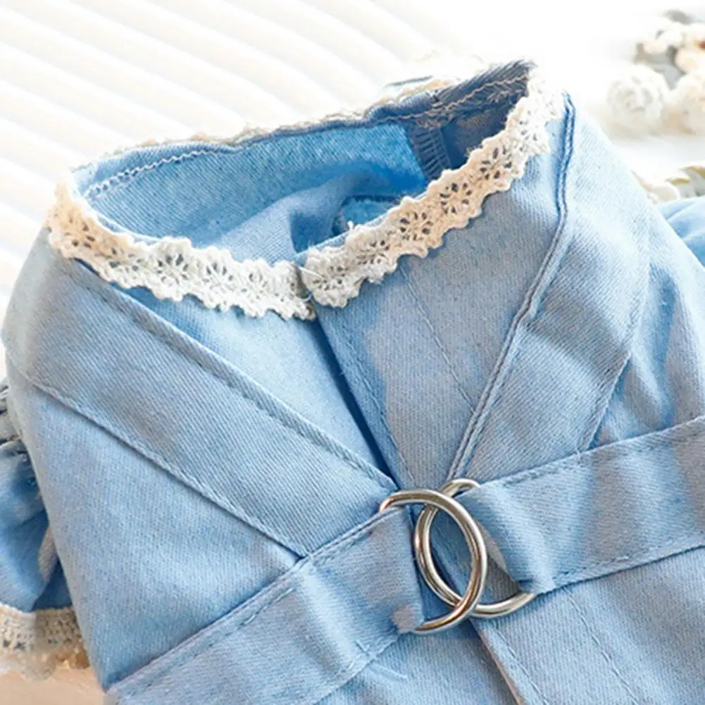Vestido vaquero con mangas con volantes y cierre de botón para perro, hermoso vestido de princesa con anillo de tracción, suministros para mascotas - imagen 5