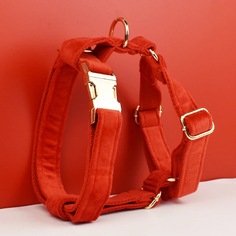 Juego de Collar y correa para perro de terciopelo rojo para perros pequeños, medianos y grandes, placa con nombre grabada personalizada, suministros para mascotas, correa para perro, franela03 - imagen 2