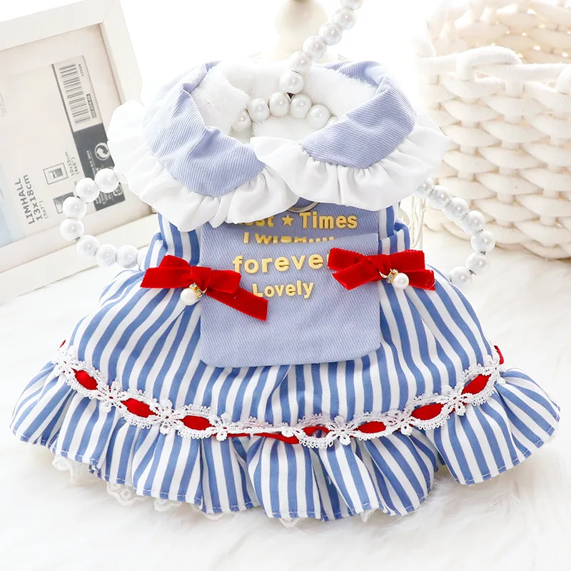 Ropa de invierno para perros, vestido de princesa a rayas para perros pequeños, tela de algodón cálida y gruesa con decoración de lazo - imagen 3