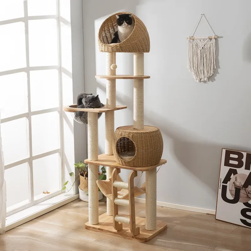 Árbol para gatos de madera maciza, árbol grande para dormir para gatos, cabina transparente, torre para gatitos, accesorios de juguete para mascotas, poste rascador para siesta para gatos