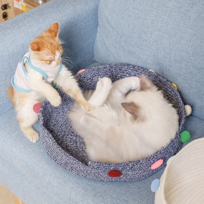 Perrera con forma de nido para mascotas, disponible en las cuatro estaciones, almohadilla para perros de hilo de algodón hecha a mano, tabla con pata de gato, nido para gatos para dormir profundo, productos para mascotas - imagen 5