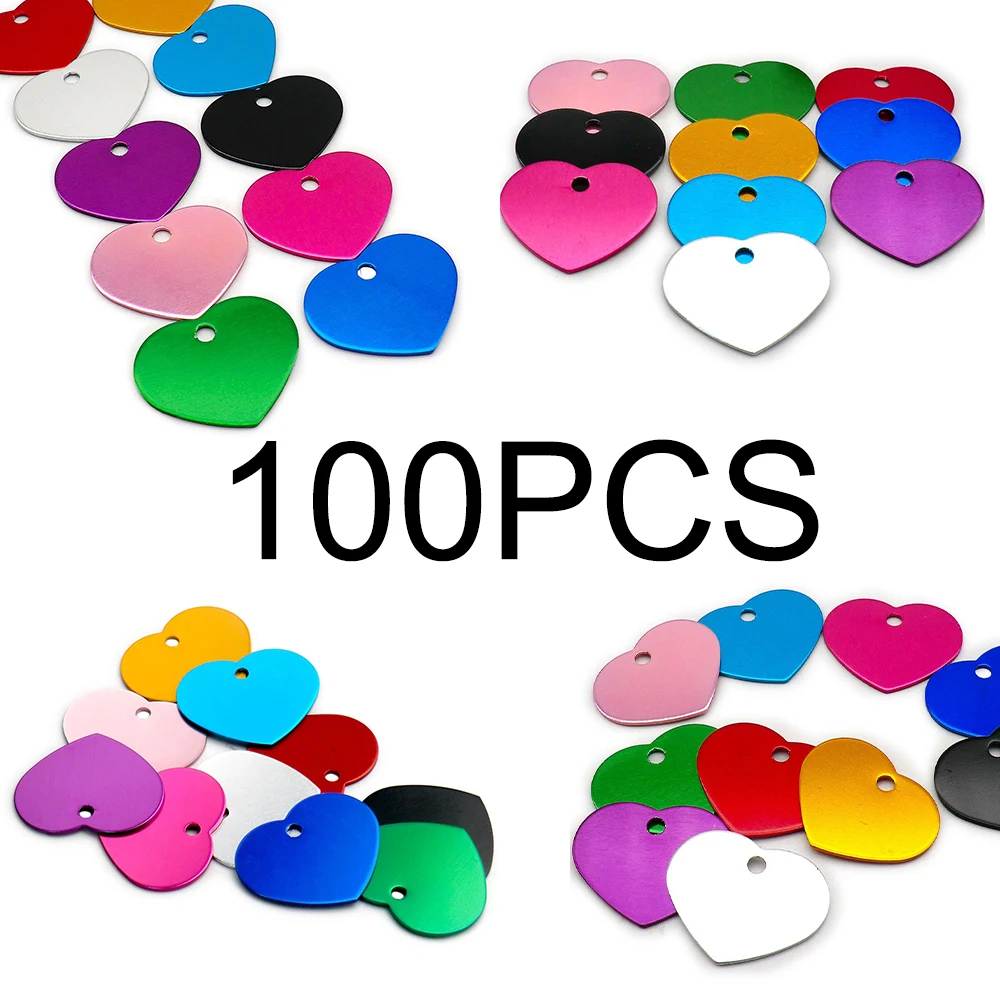 100 Uds. Etiqueta de aluminio en blanco en forma de corazón, etiqueta de identificación de Metal para mascotas, colgante personalizado para perro, Collar, accesorio de decoración