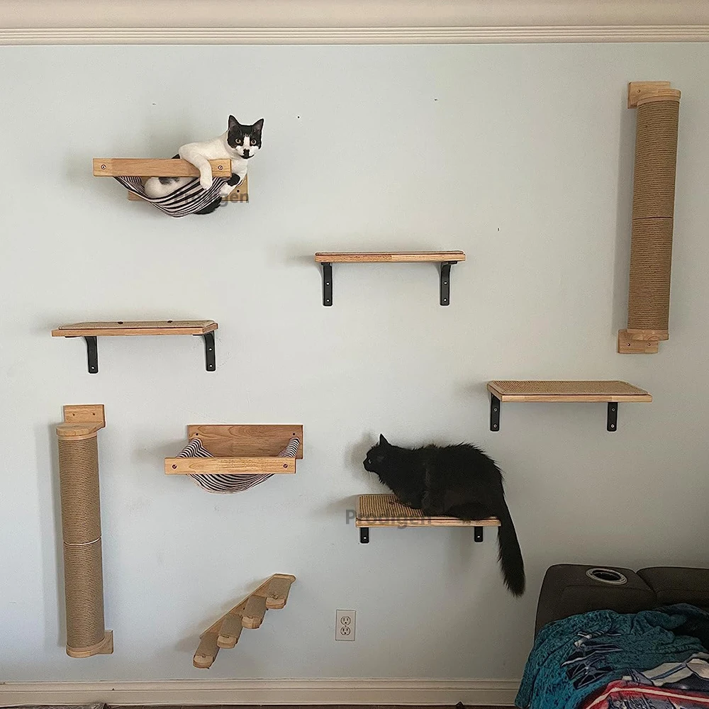 Estantes de escalada para gatos montados en la pared, rascador de muebles de madera, plataforma de salto, escalera de cuerda, para dormir y jugar - imagen 2