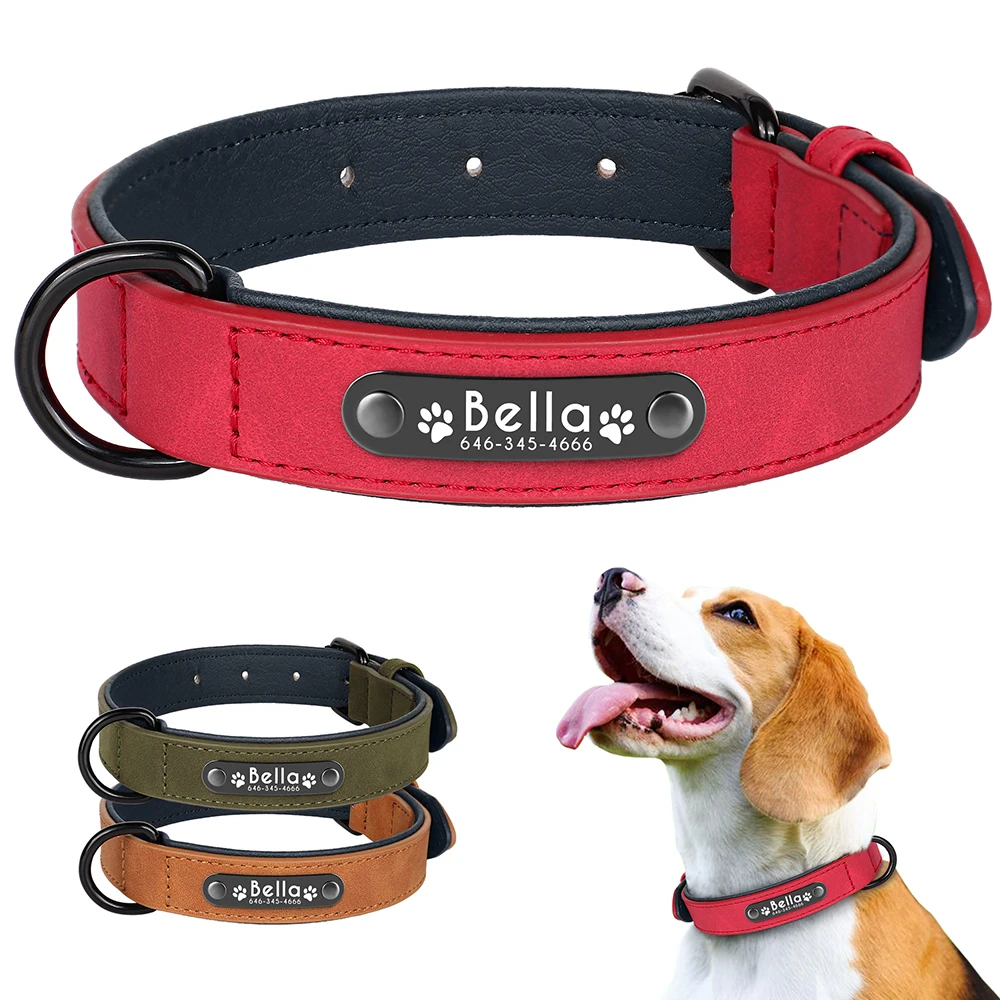 Collar de perro personalizado, collares de cuero PU para perro, Collar de pata con nombre de mascota grabado gratis, acolchado suave para perros pequeños, medianos y grandes