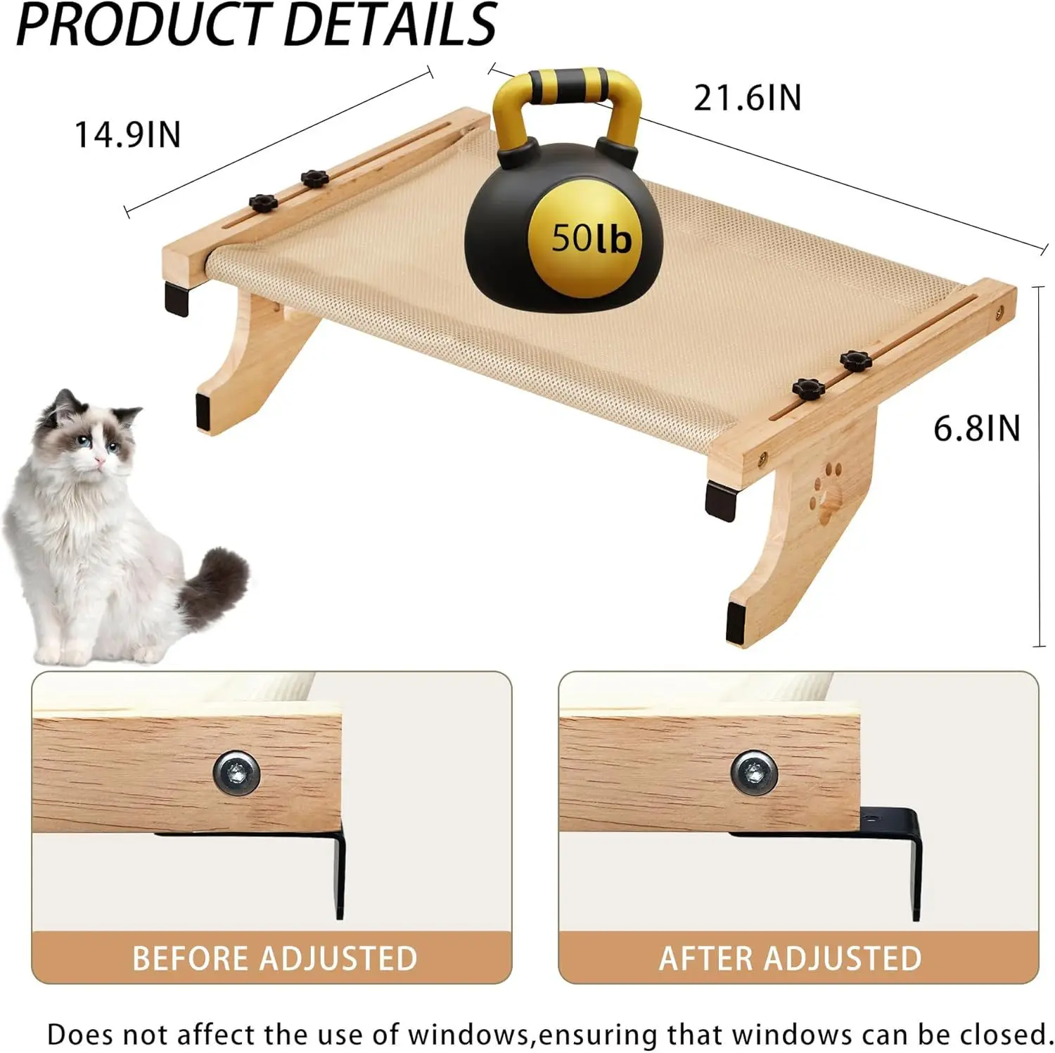 OUZEY hamaca de madera para gatos, cama colgante desmontable portátil para gatos, asiento cómodo para el sol, accesorios para escalar para gatitos y mascotas - imagen 2