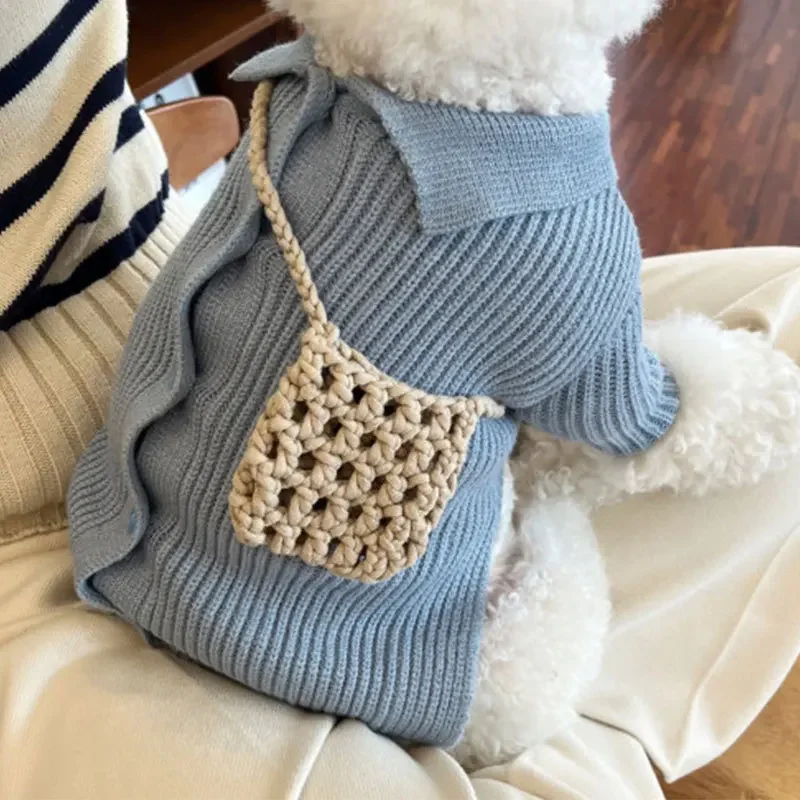 Suéter de punto para perros, cárdigan de Color sólido, parte inferior, mochila, ropa para gatos, ropa para cachorros, Otoño e Invierno - imagen 2