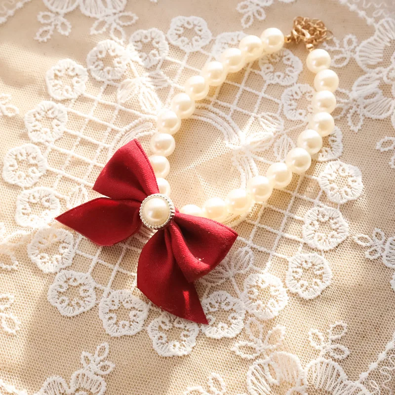 Collar de perro vintage con perlas y lazo, collar de lujo adornado con campana para gatos y perros pequeños, accesorios para mascotas estilo joyería de boda - imagen 4