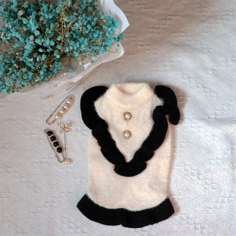 Otoño Invierno suéter para mascotas Estilo Princesa pequeña falda de manga voladora dobladillo perla piel blanca lindo suéter para mascotas punto gatito cachorro - imagen 3