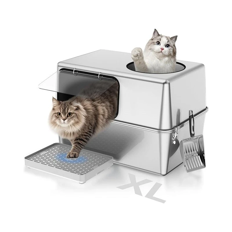 Caja de arena para gatos de acero inoxidable, caja de arena grande para gatos, inodoro antisalpicaduras para gatos, caja de arena duradera de seguridad para gatitos, producto para mascotas - imagen 3