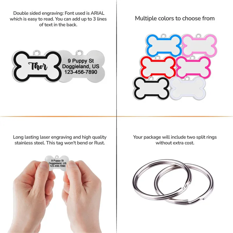Etiqueta de identificación personalizada para mascotas, Collar de hueso de acero inoxidable, etiquetas de identificación para perros y gatos con grabado gratis - imagen 4