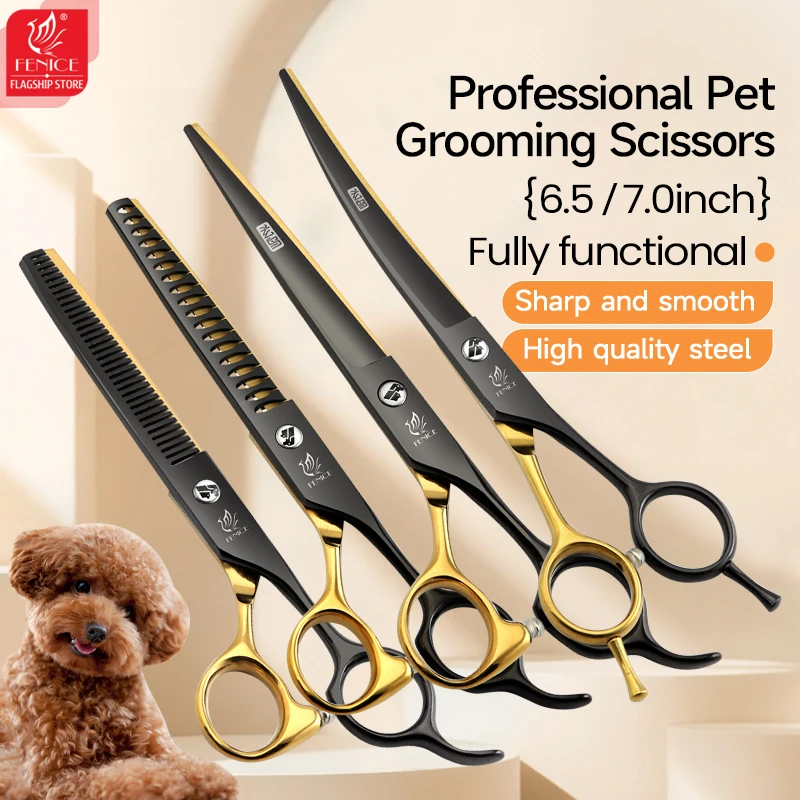 Fenice-tijeras de aseo para mascotas, 6,5/7 pulgadas, color negro y dorado, rectas, más delgadas, curvas, para principiantes, uso doméstico - imagen 2