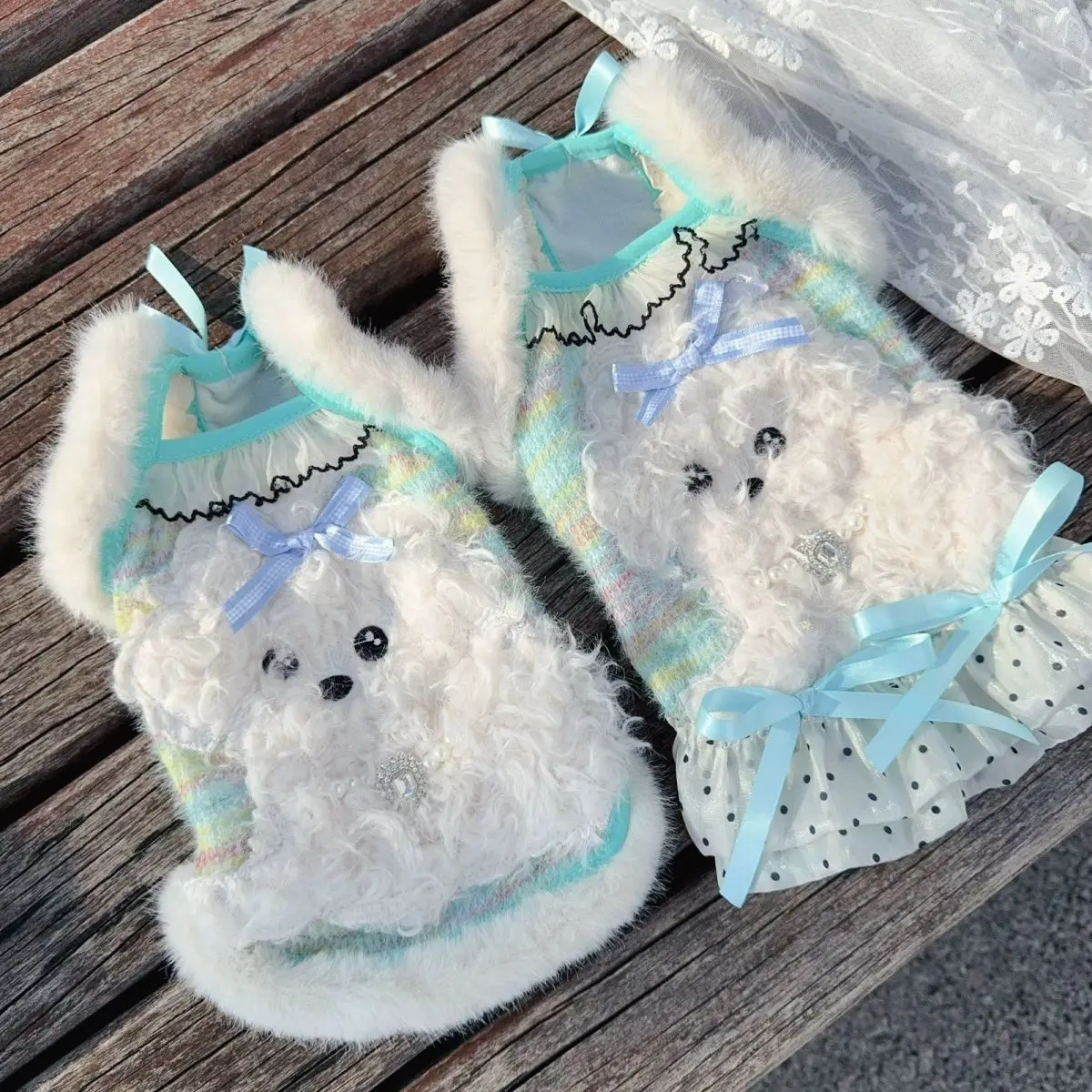 Falda con tirantes para mascotas de otoño e invierno, chaleco con tirantes gruesos de felpa, falda, ropa de dormir para mascotas, ropa de casa para cachorros pequeños - imagen 3