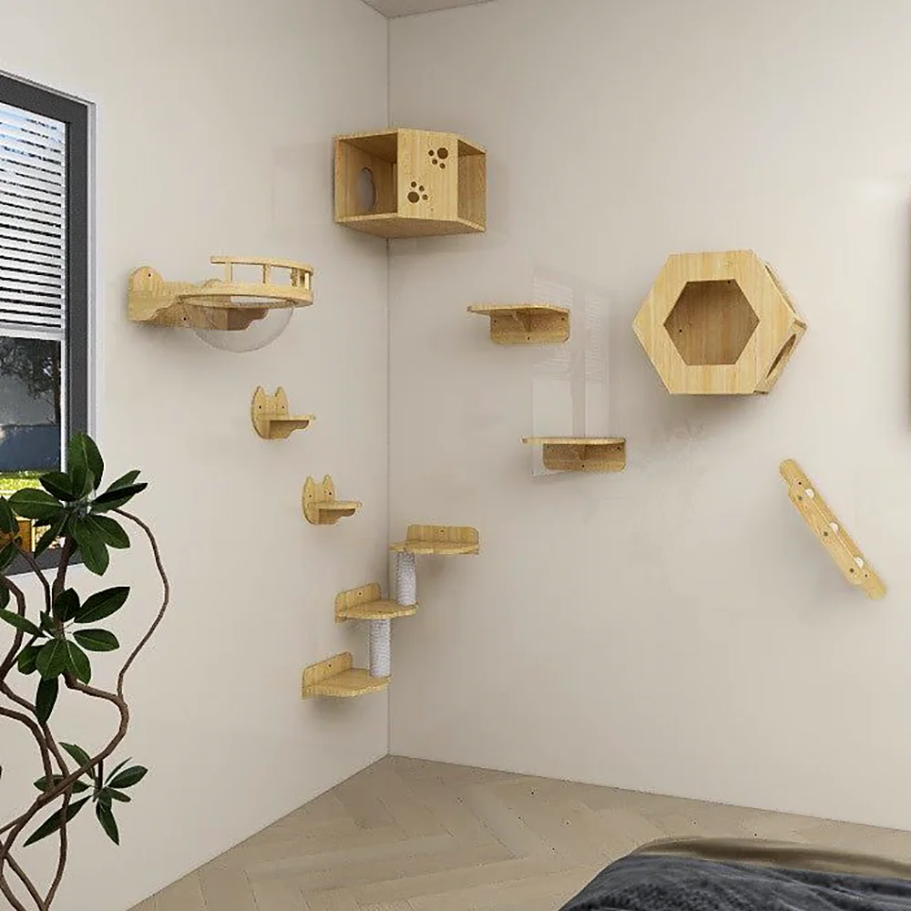 Escalera de escalada sólida montada en la pared para gatos y hamaca para gatos, muebles de madera con poste rascador para actividades, perchas para gatos de interior - imagen 2