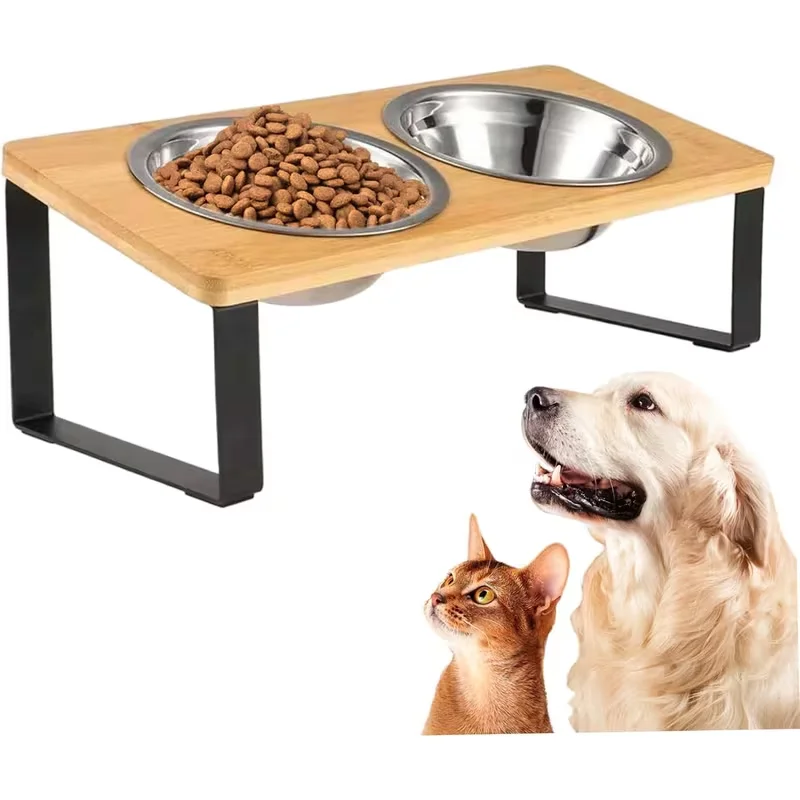 Comedero elevado para gatos de acero y madera natural - imagen 4