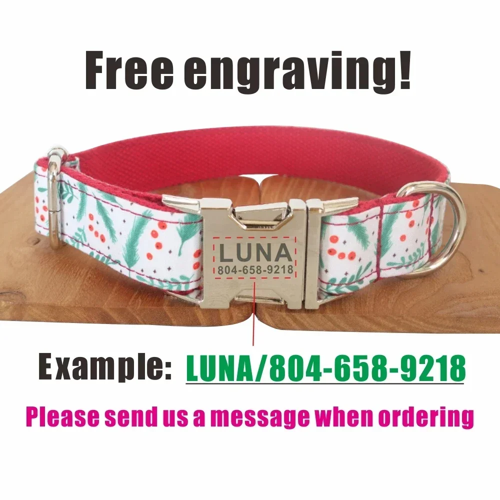 Collar de perro personalizado con grabado gratuito, correa para mascotas a juego, hebilla de Metal de contactos personalizados, Collar para mascotas con hojas de visco - imagen 4