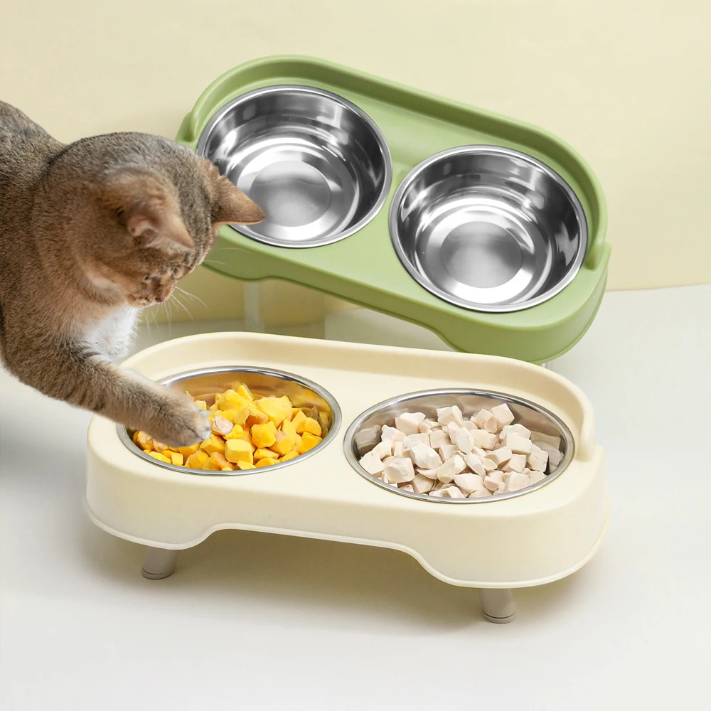 1 PC Anti-Slip Double Dog Bowl with Foot Mat Durable Stainless Steel Water Food Feeder Pet Feeding Drinking Bowls for Dogs Cats