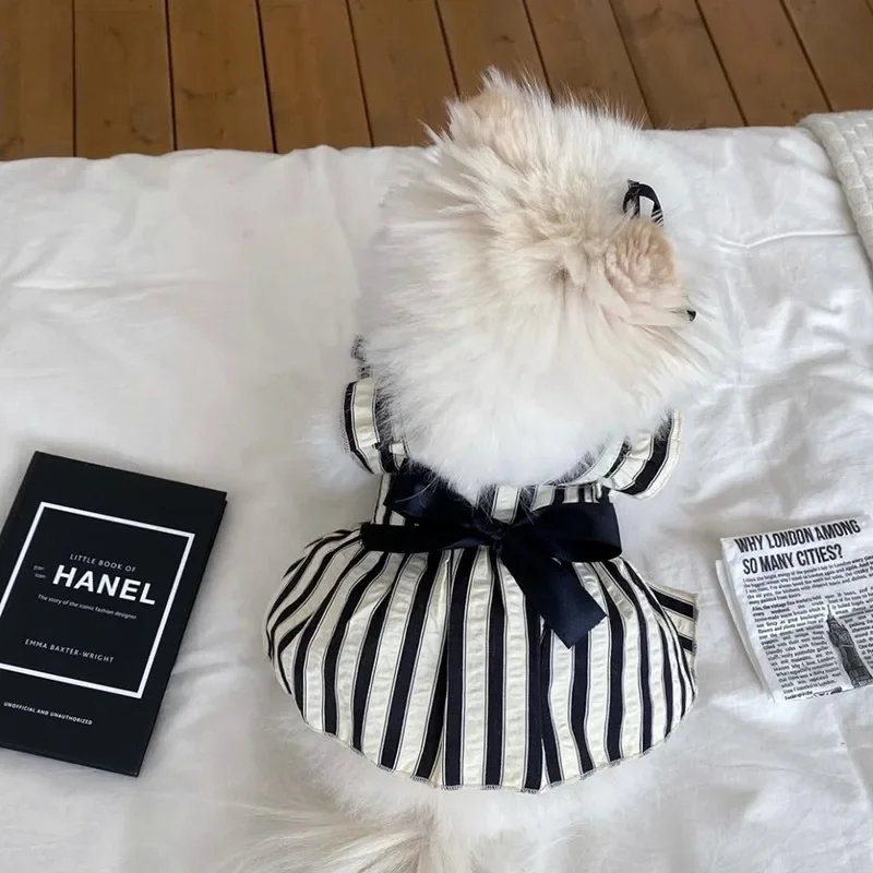 Vestido de princesa a la moda, vestido de Pomerania a rayas verticales, ropa de verano para perros, falda negra de peluche, jersey con lazo, ropa para perros femeninos - imagen 3