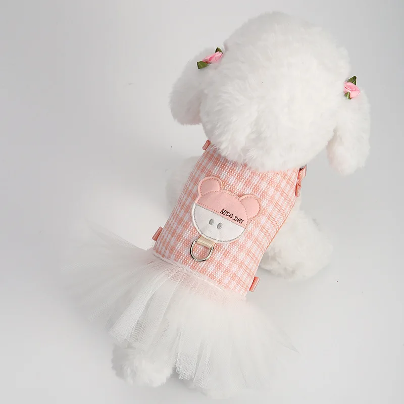 Vestido de arnés a cuadros para perros pequeños y gatos, chaleco de malla de nailon ajustable con arnés, conjunto de correa, falda de encaje para cachorros, ropa para mascotas - imagen 5