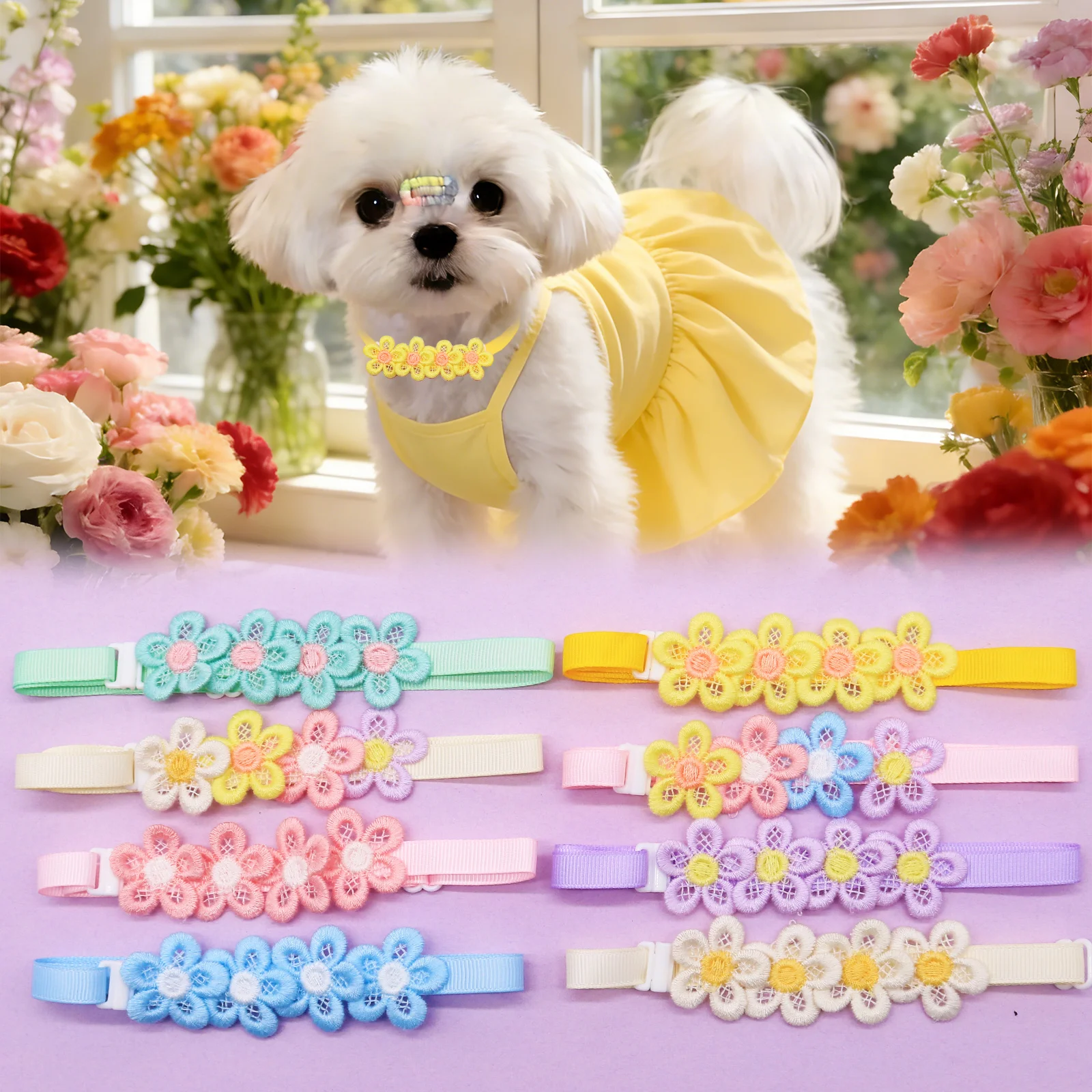 Collar floral con lazo colorido para perros y gatos - imagen 3