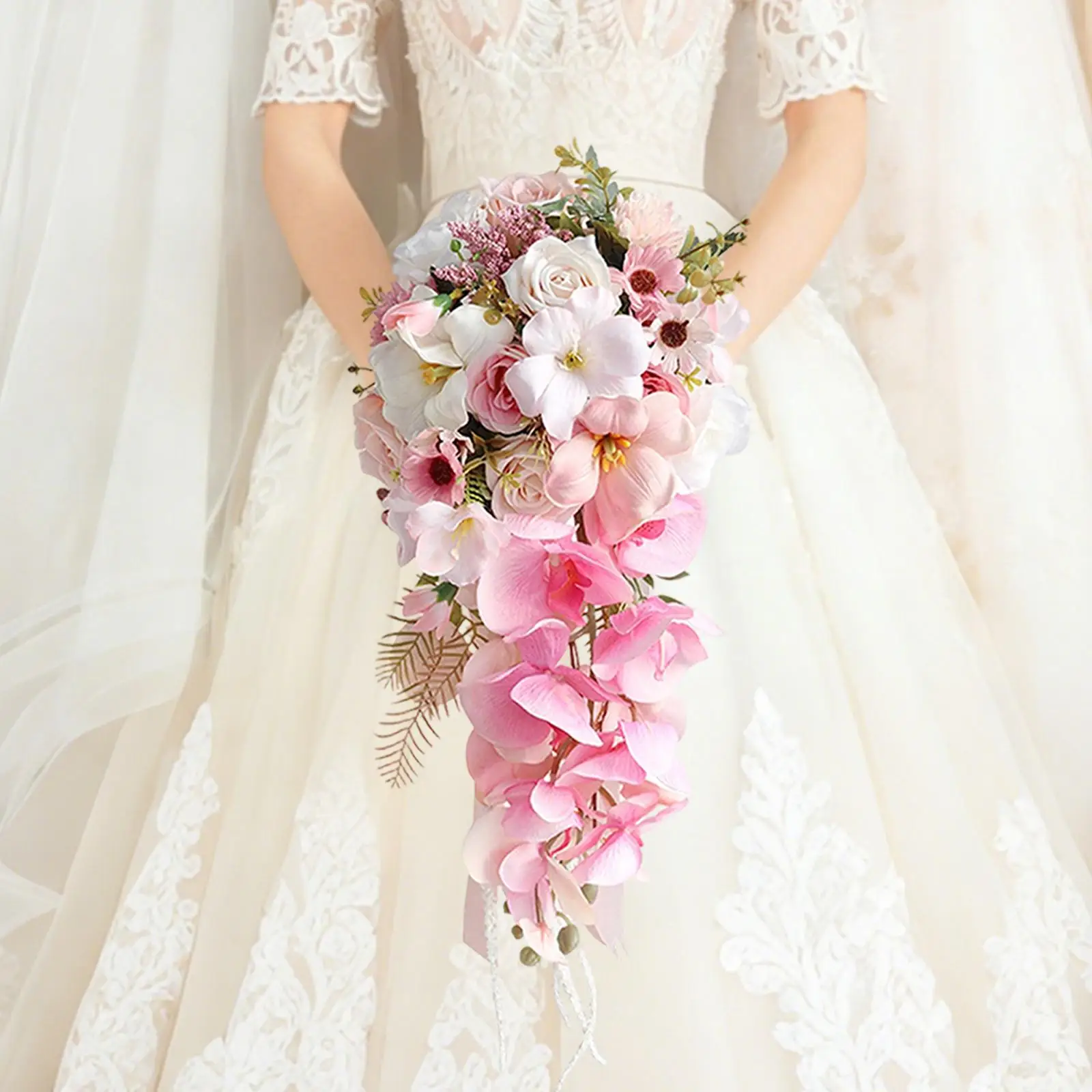 Ramo de novia cascada flores seda artificial para bodas de mascotas - imagen 2